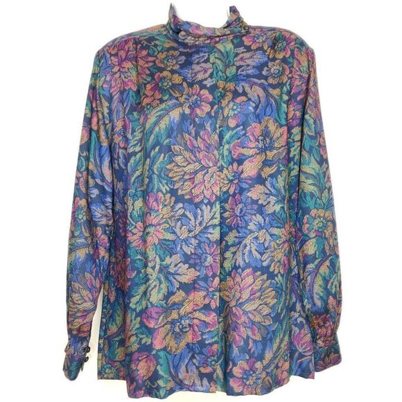 Vintage NEW Pendleton Floral Blouse Sz 12 Black Blue Green Purple Rayon 90s - Picture 1 of 4